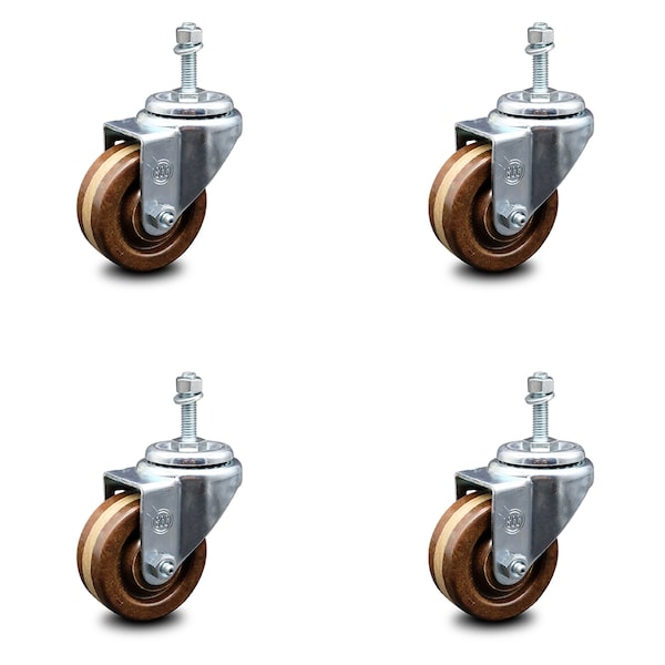 3 Inch High Temp Phenolic Wheel Swivel 12mm Threaded Stem Caster Set SCC